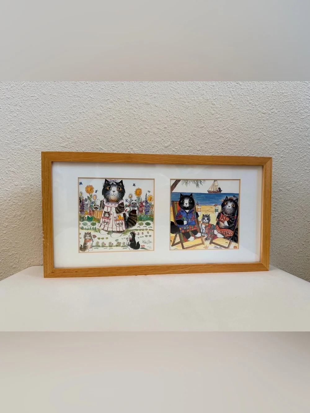 Vintage Diane Elson Cat Prints Tabatha's Vacation & Troubles Framed Pair 12.5